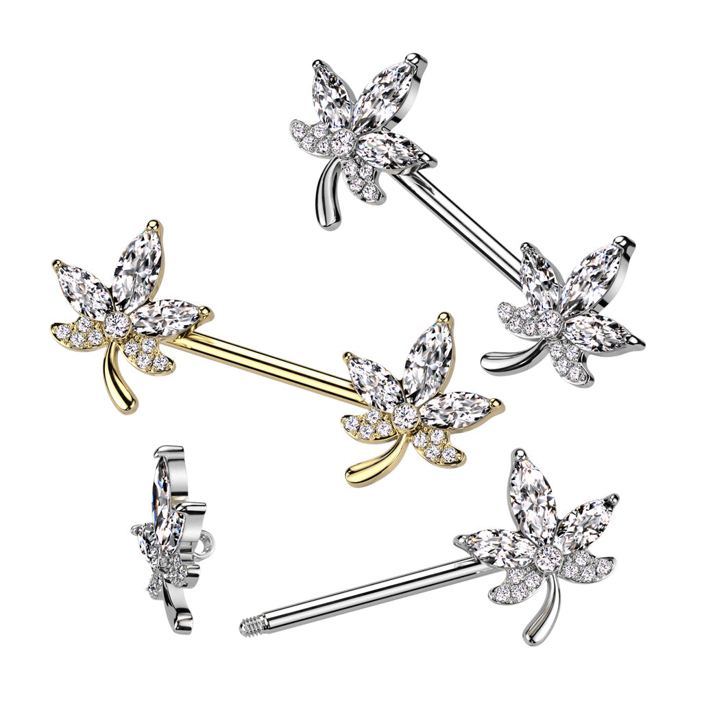 14 Gauge Five Petal Crystal Barbell Nipple Ring