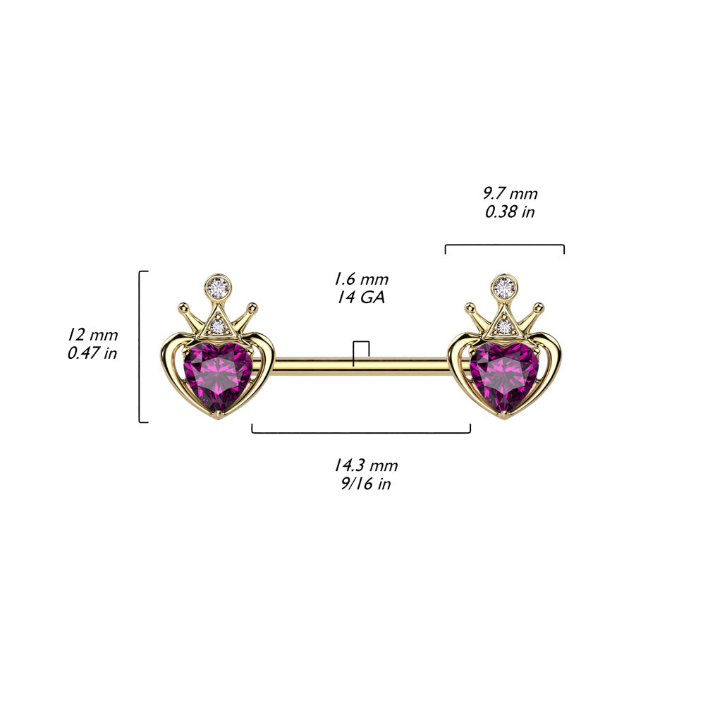 14 Gauge Golden Crown & Heart Barbell Nipple Ring Size guide
