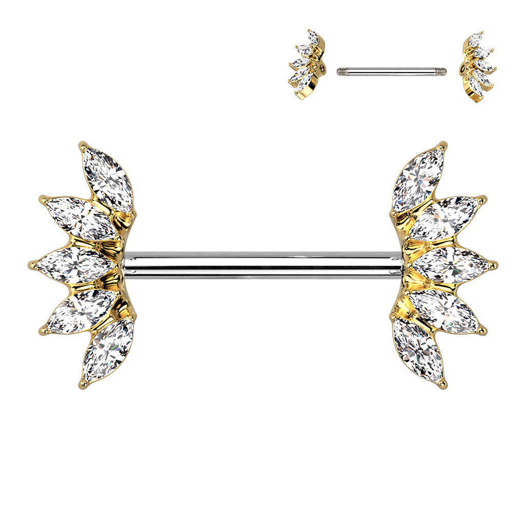 14 Gauge Marquise Flower Gemstone Barbell Nipple Ring - Gold