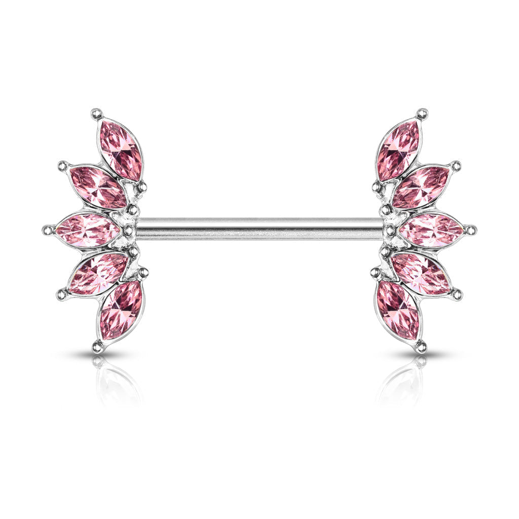 14 Gauge Marquise Flower Gemstone Barbell Nipple Ring - Pink