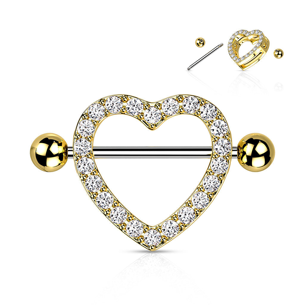 Crystal Heart Nipple Shield Barbell - Gold