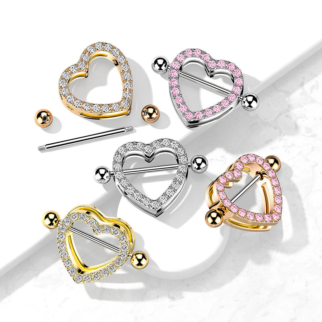 Cherry Diva Nipple Ring 14 Gauge Crystal Heart Barbell Nipple Shield - Pink
