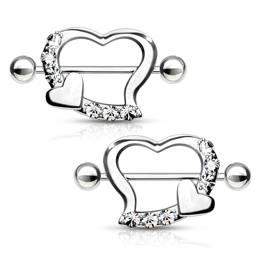 Cherry Diva Nipple Ring 14 Gauge Pair Of Crystal Heart Nipple Shields
