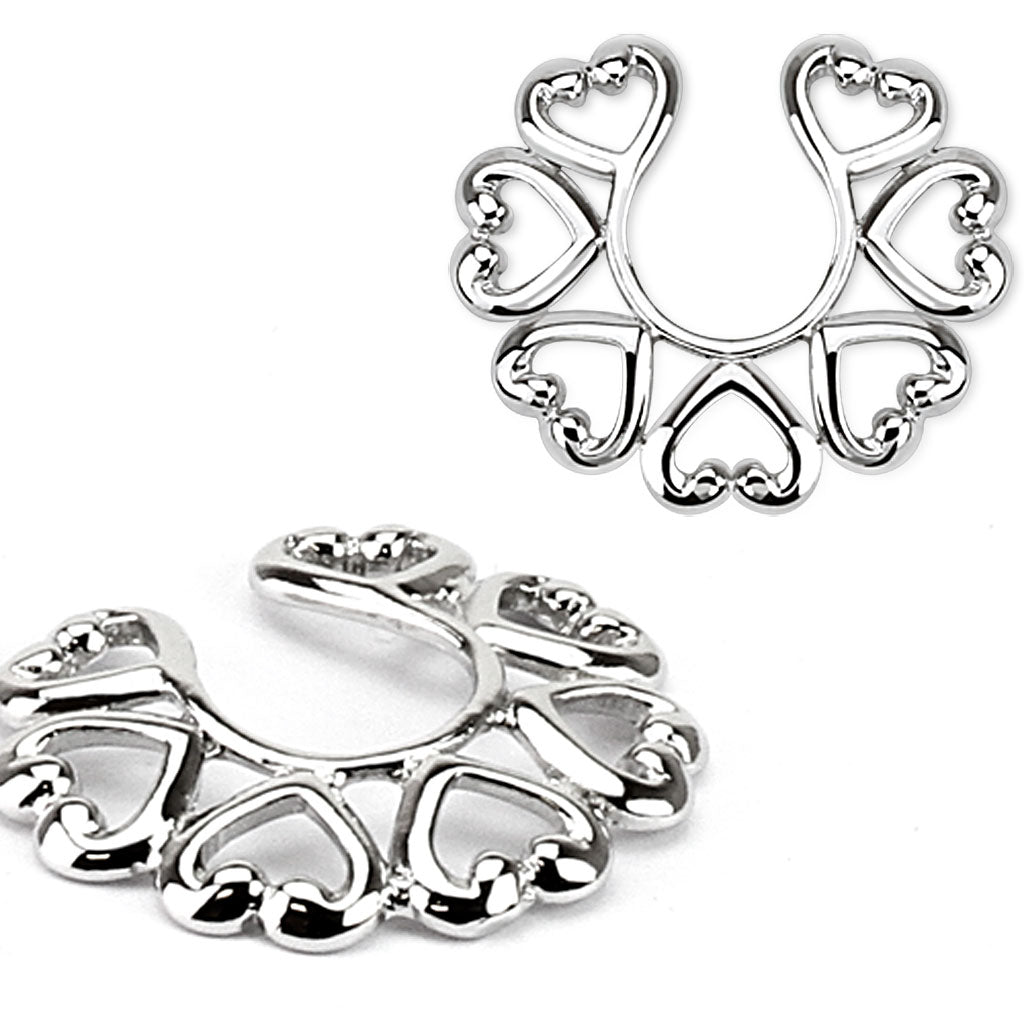 Cherry Diva Nipple Shield Silver Vintage Hearts Fake Piercing Clip On Nipple Ring