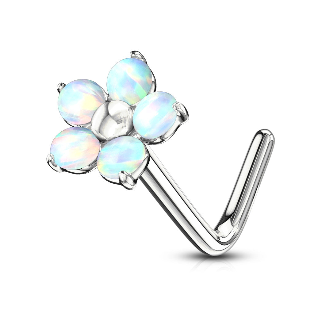 20 Gauge L - Bend Opal Flower Nose Stud