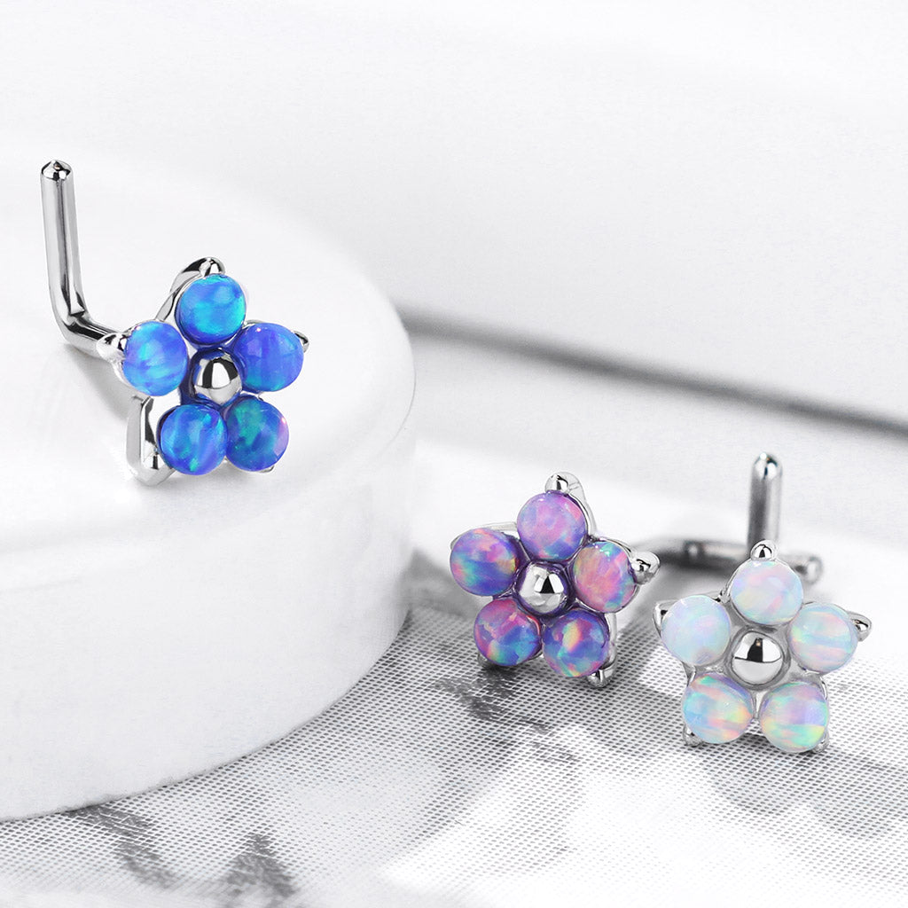 20 Gauge L - Bend Opal Flower Nose Stud