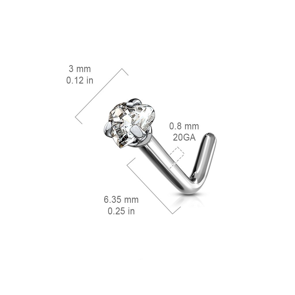 Cherry Diva L Bend Nose Stud 20 Gauge Titanium Prong Set Heart L Bend Nose Stud