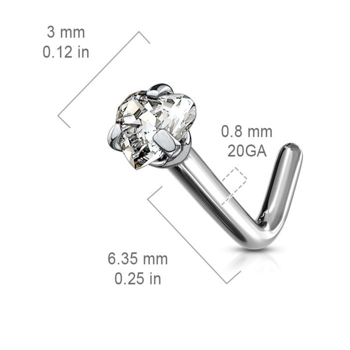 Cherry Diva L Bend Nose Stud 20 Gauge Titanium Prong Set Heart L Bend Nose Stud