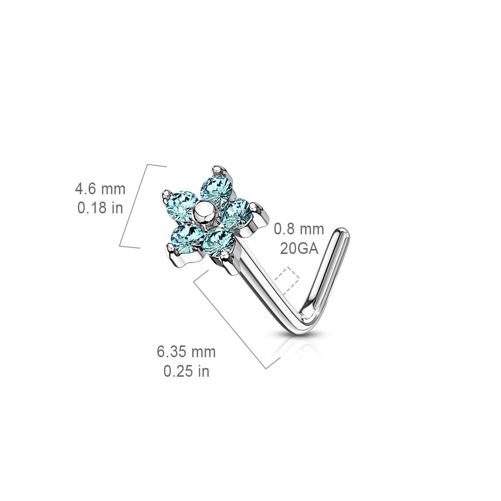 Cherry Diva L Bend Nose Stud 20 Gauge Five Petal Crystal Flower L Bend Nose Stud