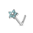 Cherry Diva L Bend Nose Stud AQUA 20 Gauge Five Petal Crystal Flower L Bend Nose Stud