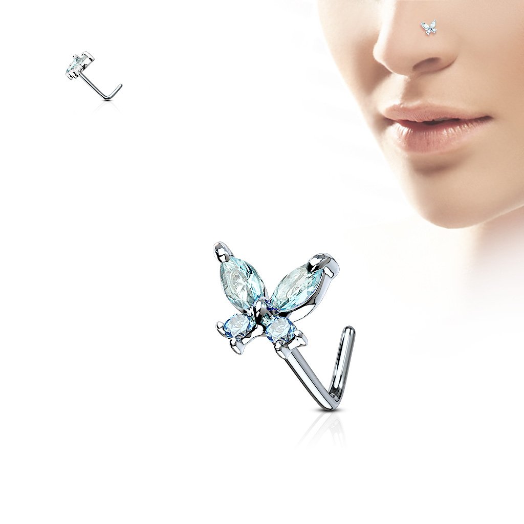 Cherry Diva L Bend Nose Stud SILVER / AQUA 20 Gauge Crystal Butterfly L Bend Nose Stud