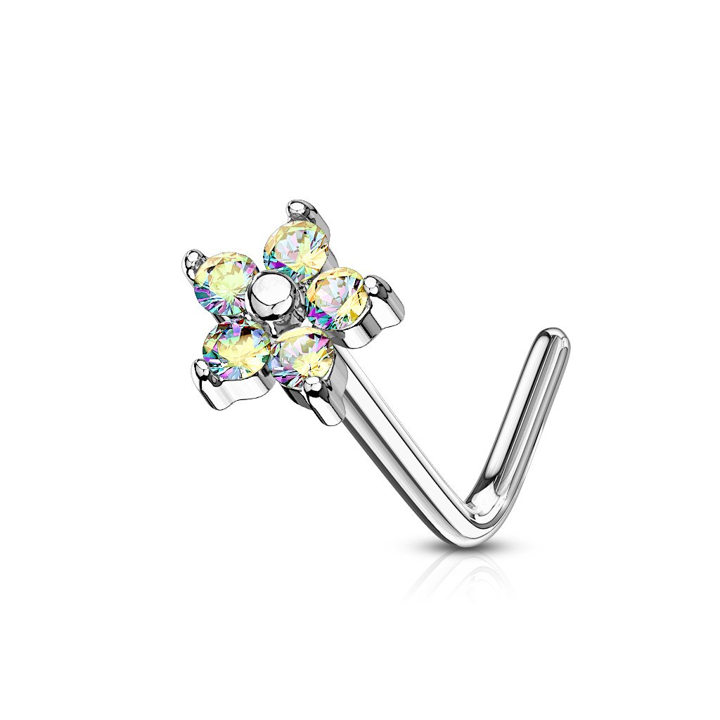 Cherry Diva L Bend Nose Stud AURORA 20 Gauge Five Petal Crystal Flower L Bend Nose Stud