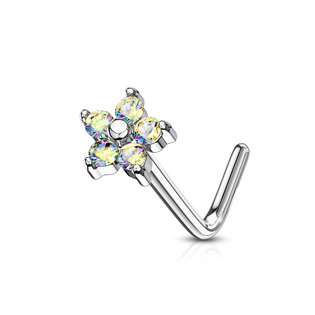 5 Petal Crystal Flower L Bend Nose Stud