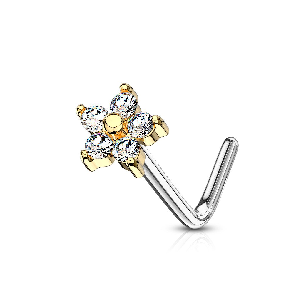 Cherry Diva L Bend Nose Stud GOLD 20 Gauge Five Petal Crystal Flower L Bend Nose Stud