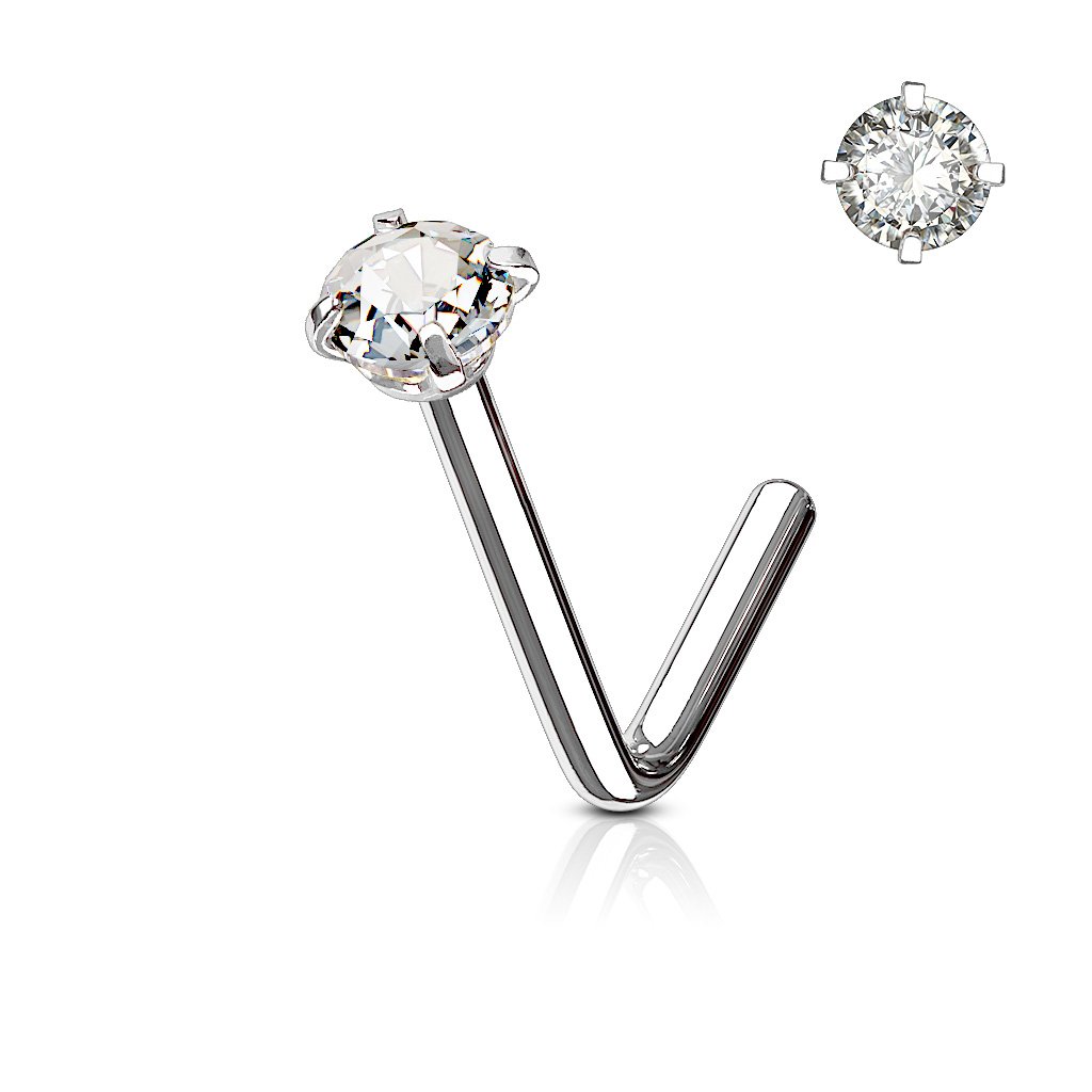Cherry Diva L Bend Nose Stud SILVER 20 Gauge Prong Set Crystal L Bend Nose Stud