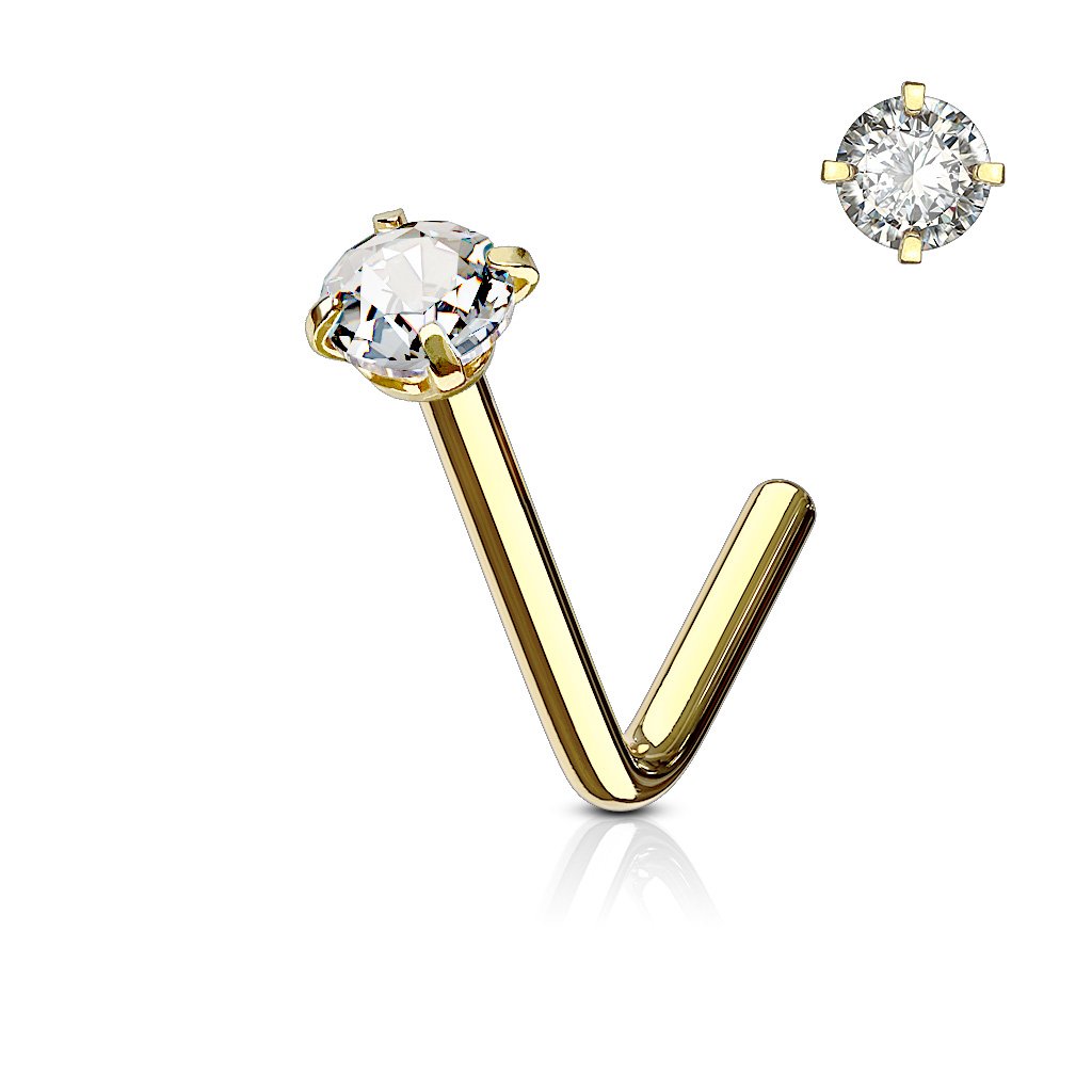Cherry Diva L Bend Nose Stud GOLD 20 Gauge Prong Set Crystal L Bend Nose Stud