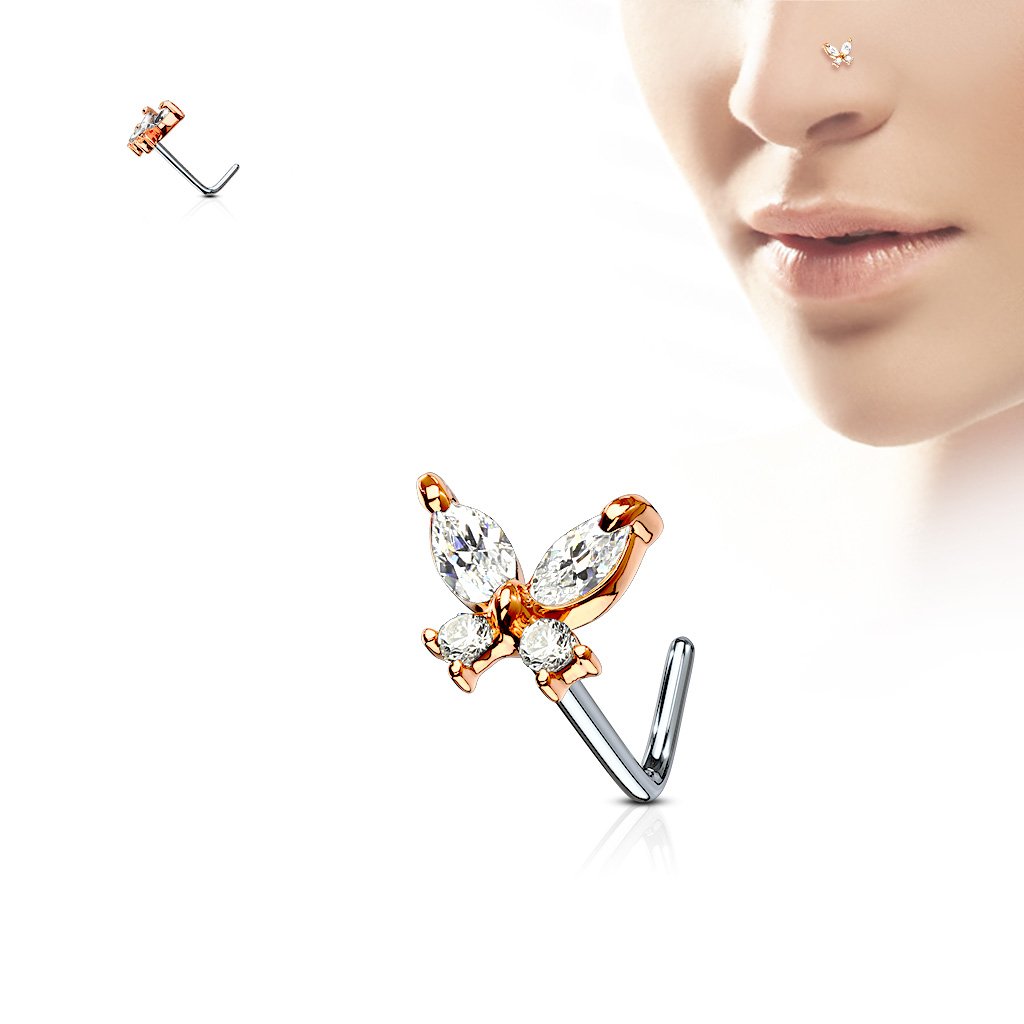 Cherry Diva L Bend Nose Stud ROSE GOLD / CLEAR 20 Gauge Crystal Butterfly L Bend Nose Stud