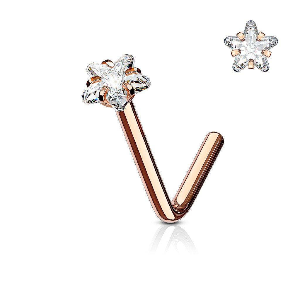 Cherry Diva L Bend Nose Stud ROSE GOLD 20 Gauge Prong Set Crystal Star L Bend Nose Stud