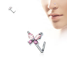 Cherry Diva L Bend Nose Stud SILVER / PINK 20 Gauge Crystal Butterfly L Bend Nose Stud