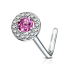 Cherry Diva L Bend Nose Stud ROSE PINK 20 Gauge Double Tiered Crystal L Bend Nose Stud