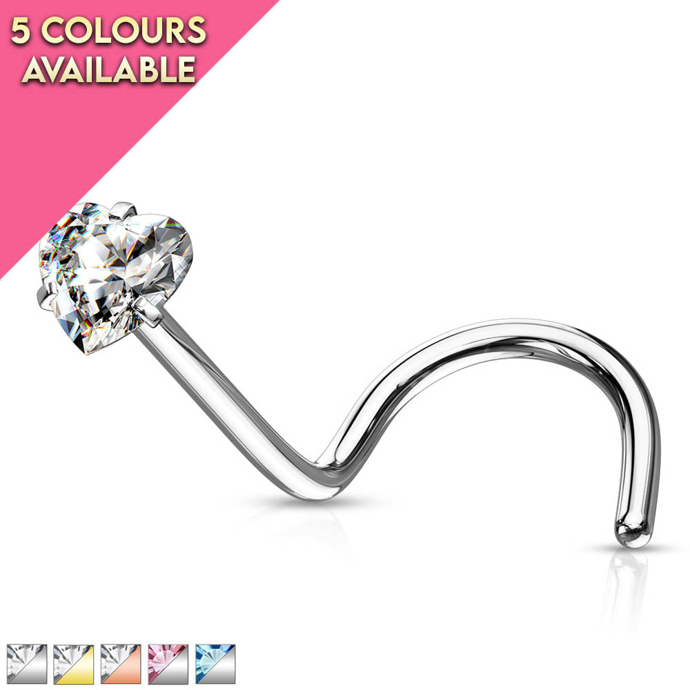 20 Gauge Prong Set Heart CZ Top Nose Screw Rings