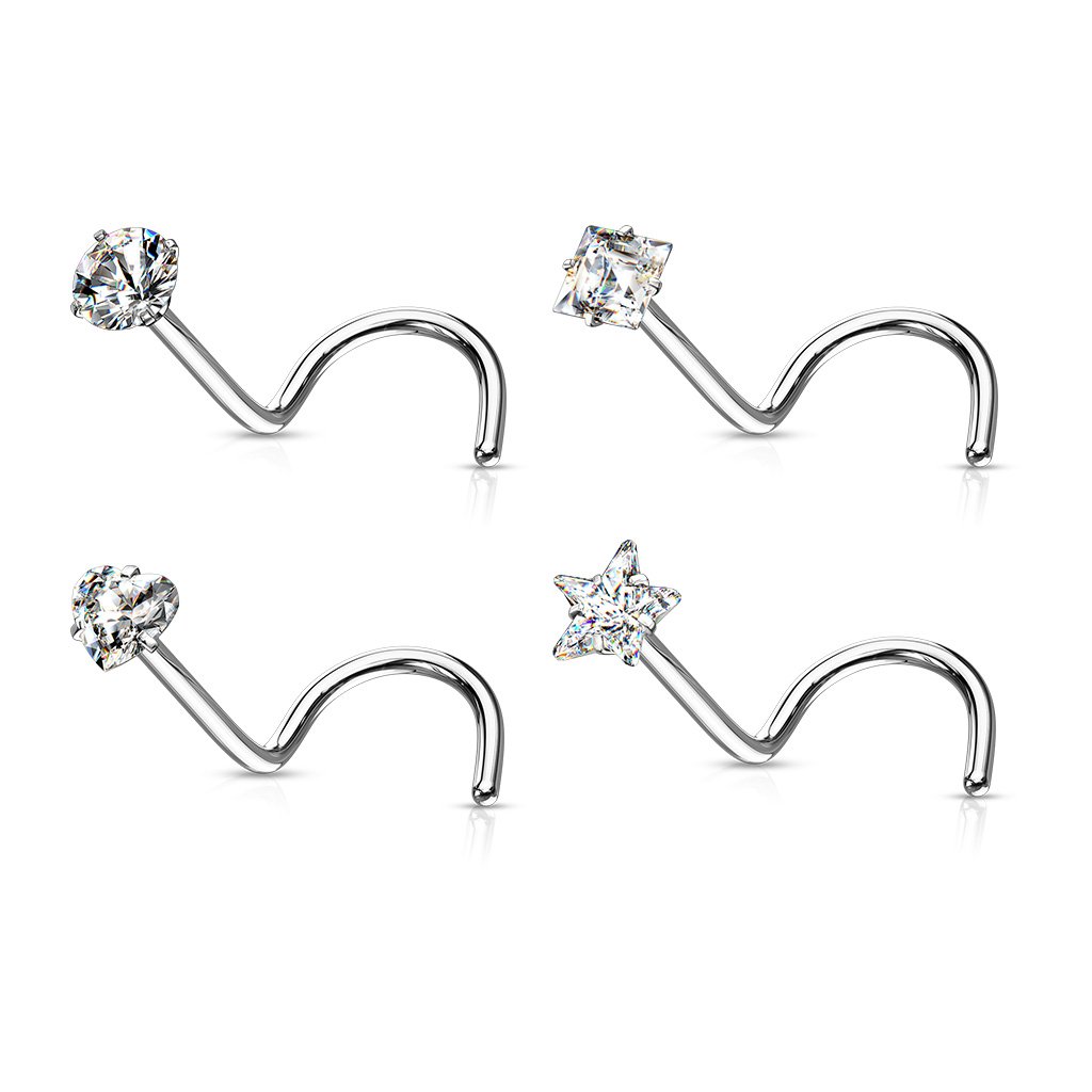4 Pack Crystal Top Screw Ring Nose Studs - Silver