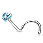 Cherry Diva Screw Nose Ring BLUE 20 Gauge Prong Set Heart CZ Top Nose Screw Rings