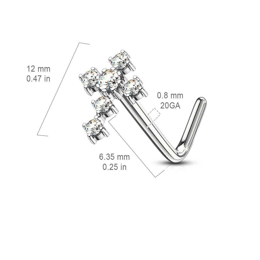 Cherry Diva L Bend Nose Stud 20 Gauge Crystal Cross L Bend Nose Stud