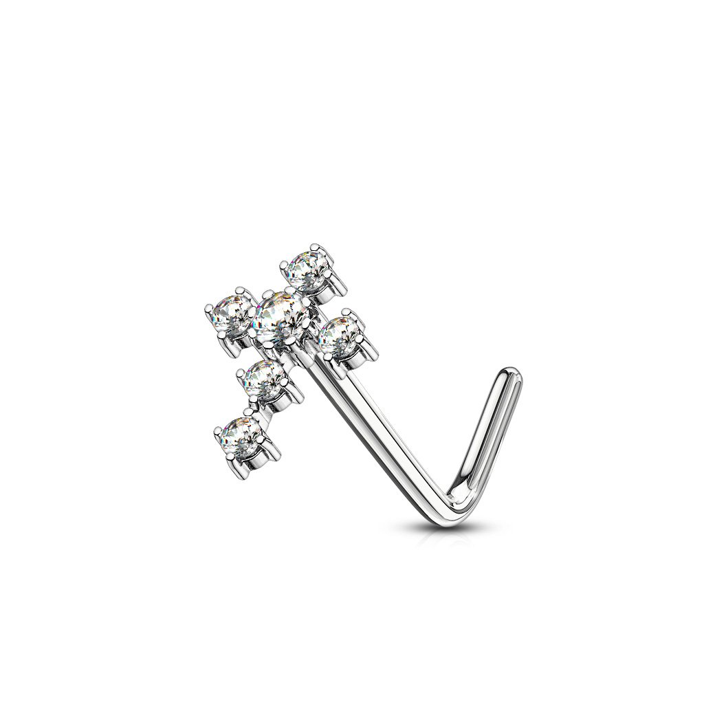 Cherry Diva L Bend Nose Stud 20 Gauge Crystal Cross L Bend Nose Stud