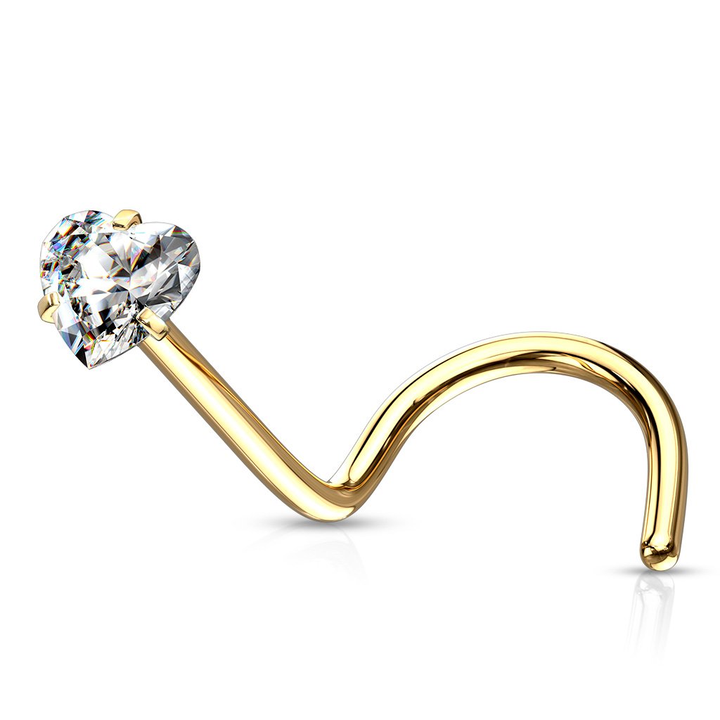 Cherry Diva Screw Nose Ring Gold 20 Gauge Prong Set Crystal Heart Nose Screw Stud