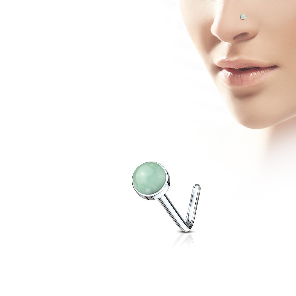 Cherry Diva L Bend Nose Stud Jade Green 20 Gauge Semi Precious Stone Top L Bend Nose Stud