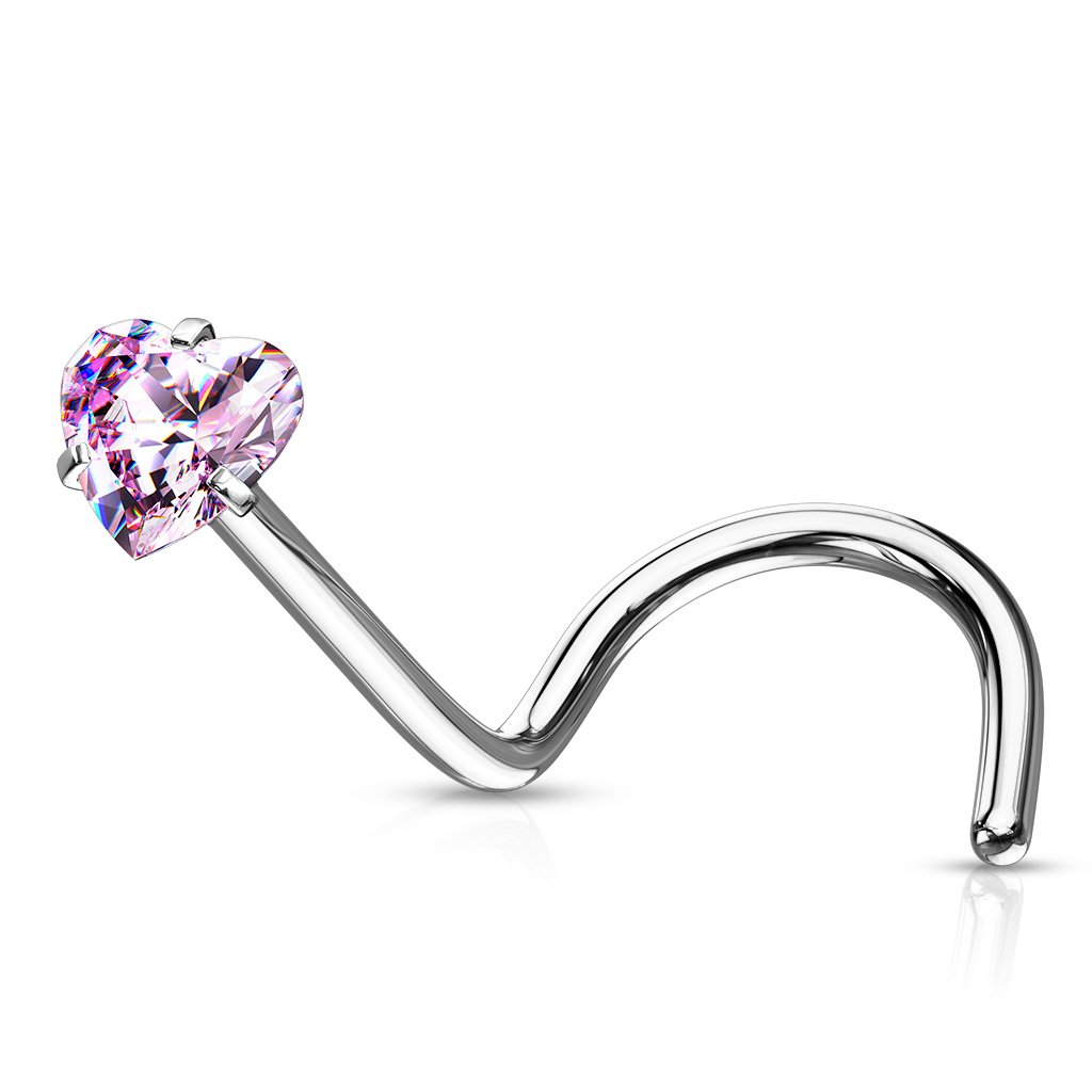 Cherry Diva Screw Nose Ring Pink 20 Gauge Prong Set Crystal Heart Nose Screw Stud