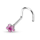 Cherry Diva Screw Nose Stud PINK 20 Gauge Crystal Flower Top Screw Nose Stud