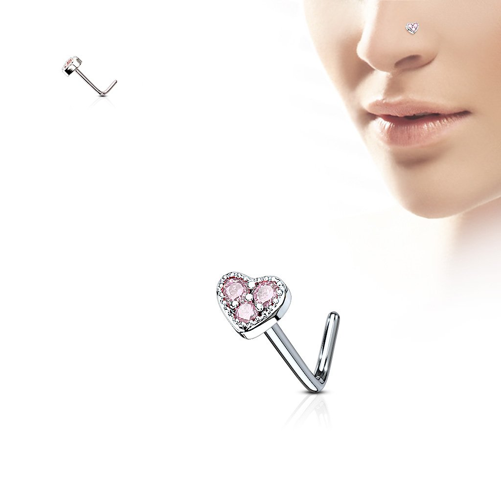Cherry Diva L Bend Nose Stud PINK 20 Gauge Crystal Heart Top  L Bend Nose Stud