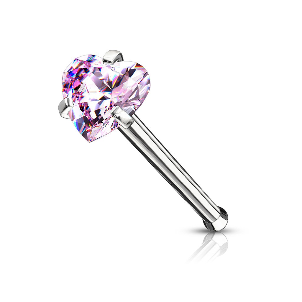 Cherry Diva nose stud PINK 20 Gauge Prong Set Heart Top Surgical Steel Nose Stud