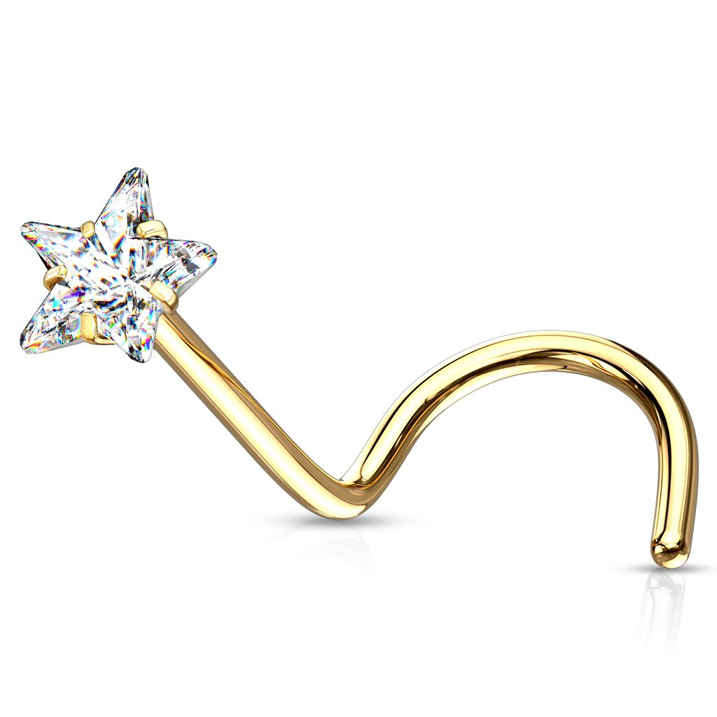Cherry Diva Screw Nose Ring GOLD 20 Gauge Prong Set Star CZ Top Nose Screw Rings