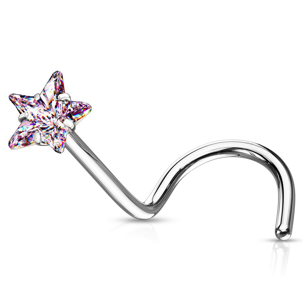 Cherry Diva Screw Nose Ring PINK 20 Gauge Prong Set Star CZ Top Nose Screw Rings