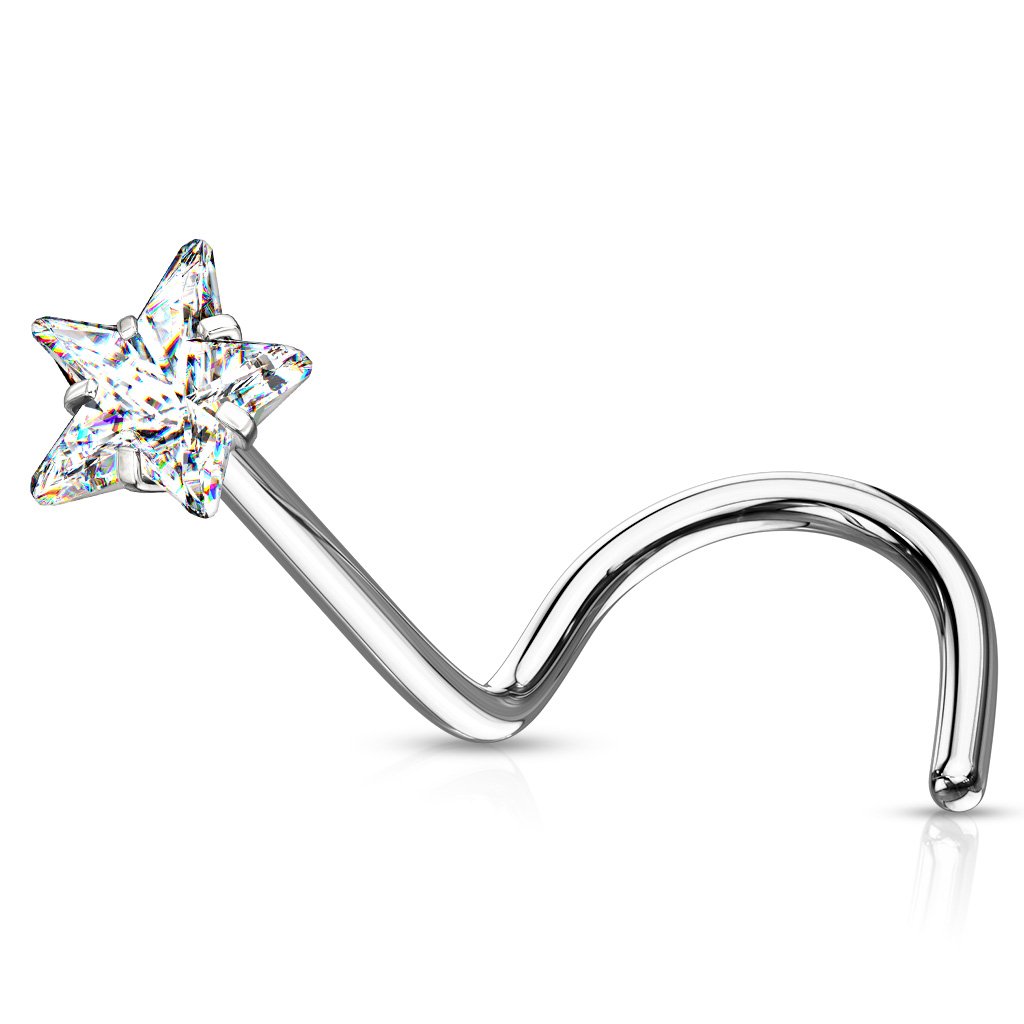 Cherry Diva Screw Nose Ring CLEAR 20 Gauge Prong Set Star CZ Top Nose Screw Rings