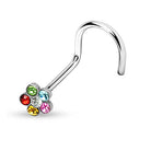 Cherry Diva Screw Nose Stud RAINBOW 20 Gauge Crystal Flower Top Screw Nose Stud