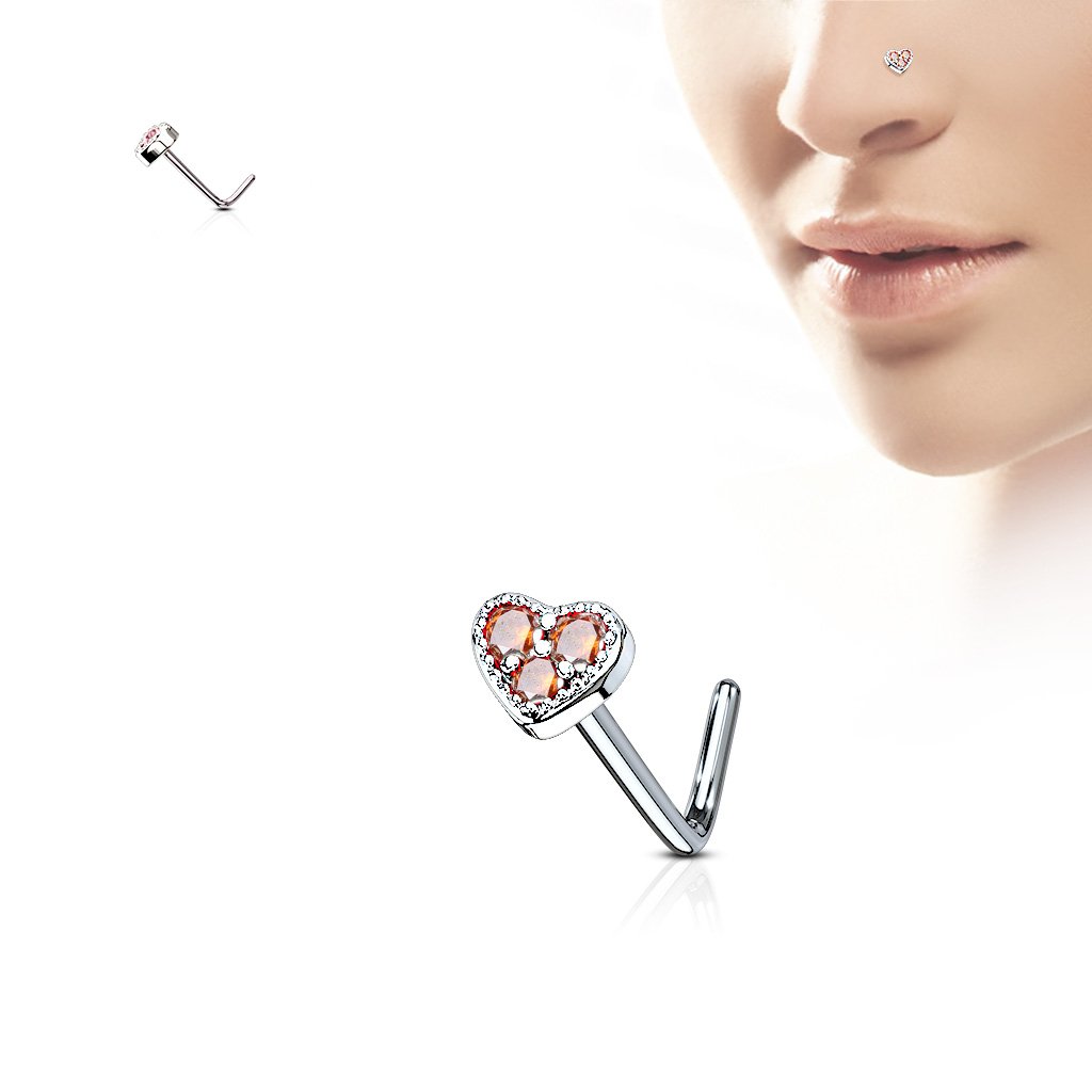 Cherry Diva L Bend Nose Stud RED 20 Gauge Crystal Heart Top  L Bend Nose Stud