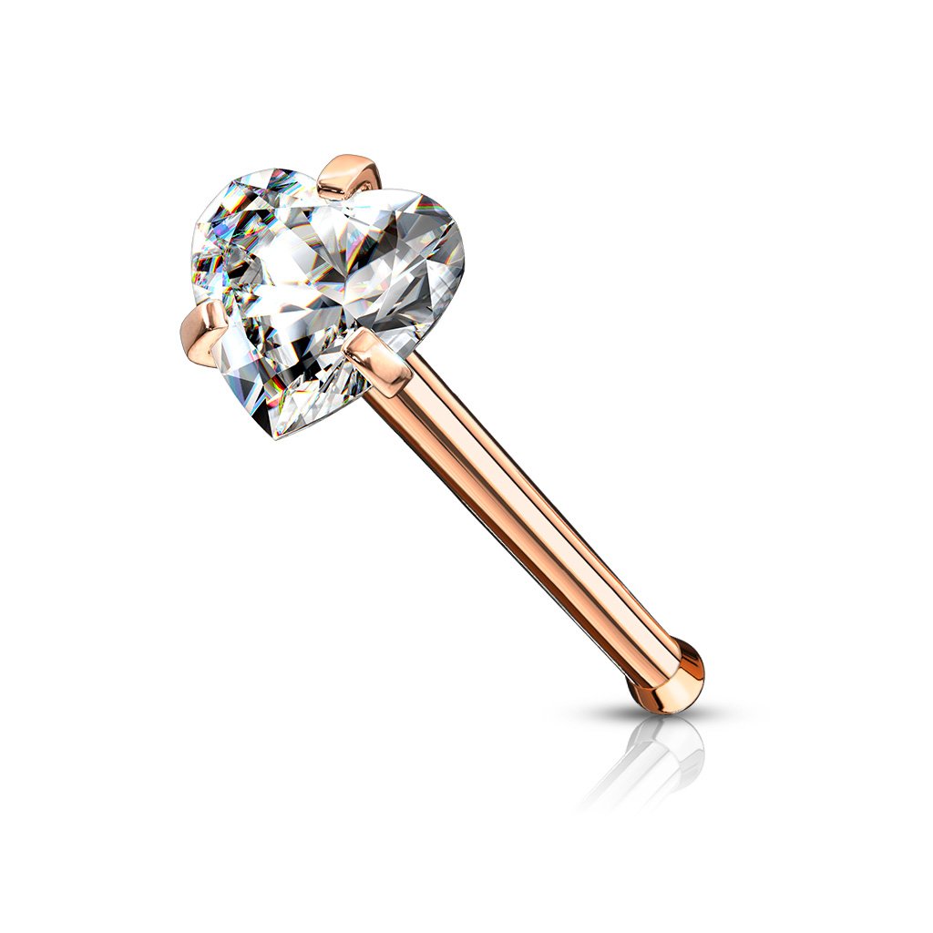 Cherry Diva nose stud ROSE GOLD 20 Gauge Prong Set Heart Top Surgical Steel Nose Stud