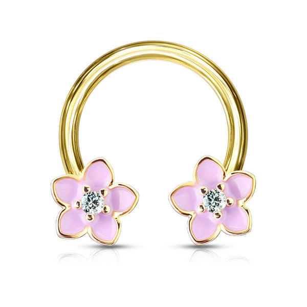 14 Gauge Pink Floral Gold Tone Circular Barbell Cherry Diva