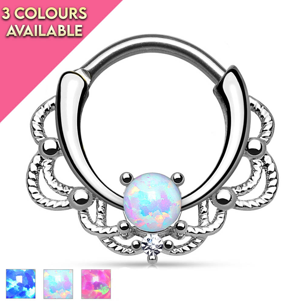 16 Gauge Silver Opal Septum Ring Silver
