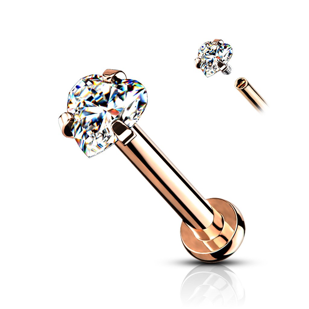 Cherry Diva Flat Back Stud Rose Gold 16 Gauge Internally Threaded Crystal Heart Top Stud