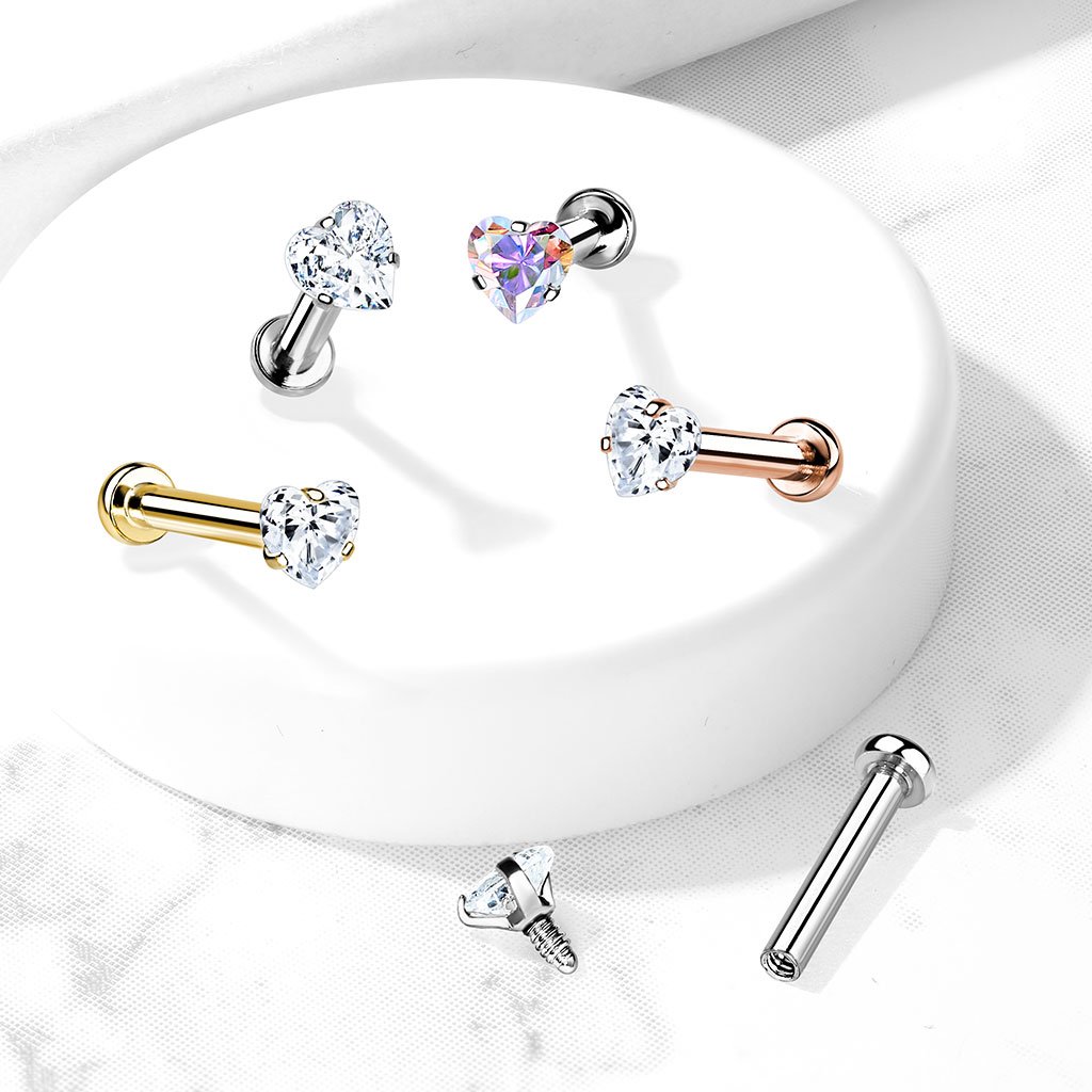 Cherry Diva Flat Back Stud 16 Gauge Internally Threaded Crystal Heart Top Stud