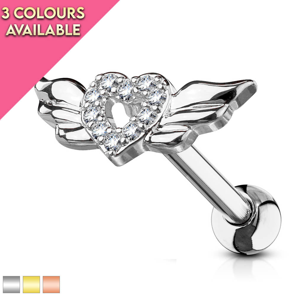 16 Gauge Crystal Heart & Wings Cartilage / Tragus Stud