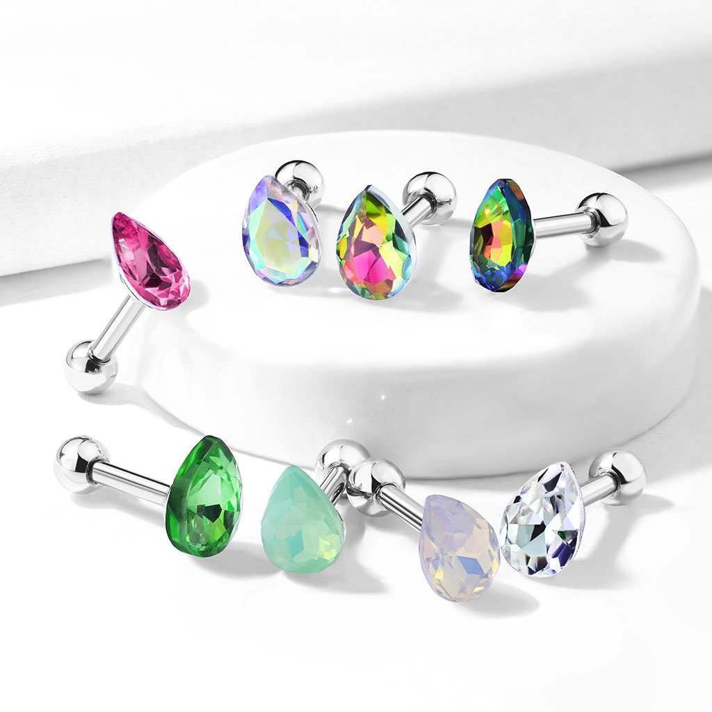 16 Gauge Crystal Teardrop Cartilage / Tragus Barbell Stud