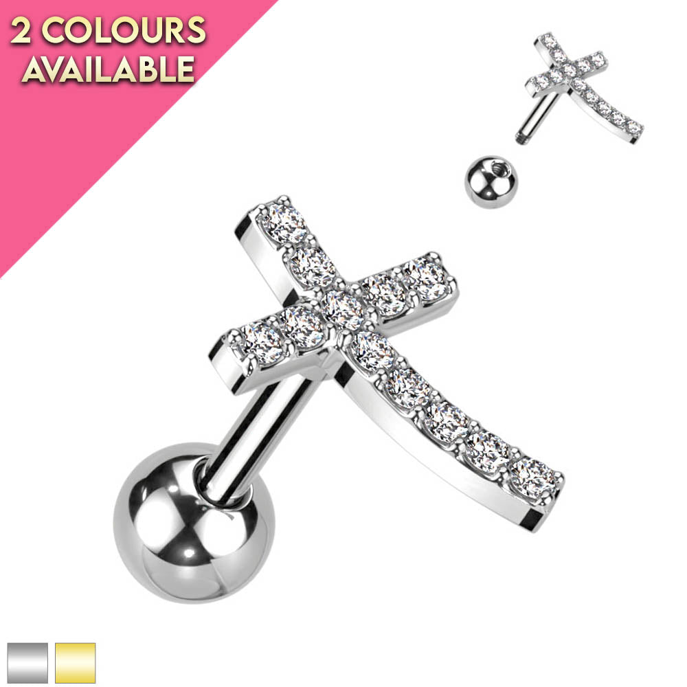 16 Gauge Curved Crystal Cross Stud