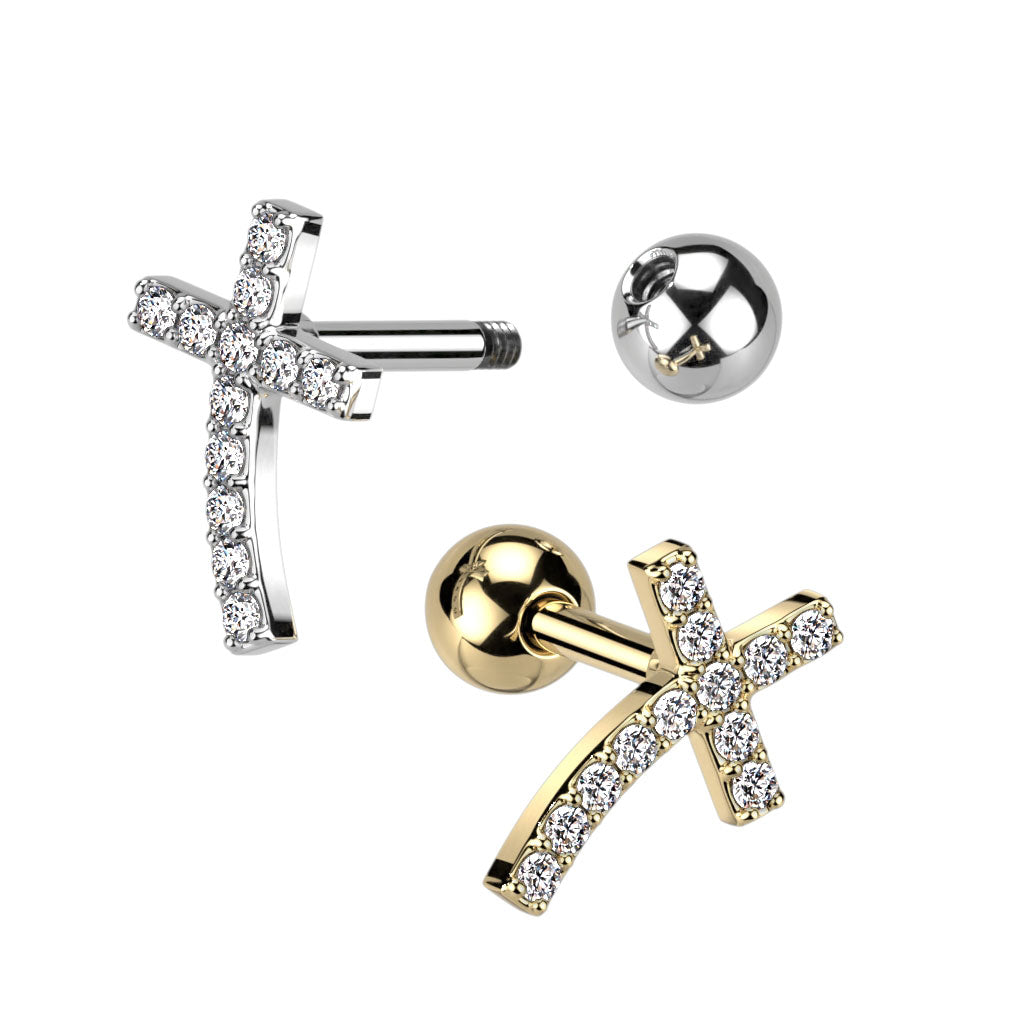 16 Gauge Curved Crystal Cross Stud