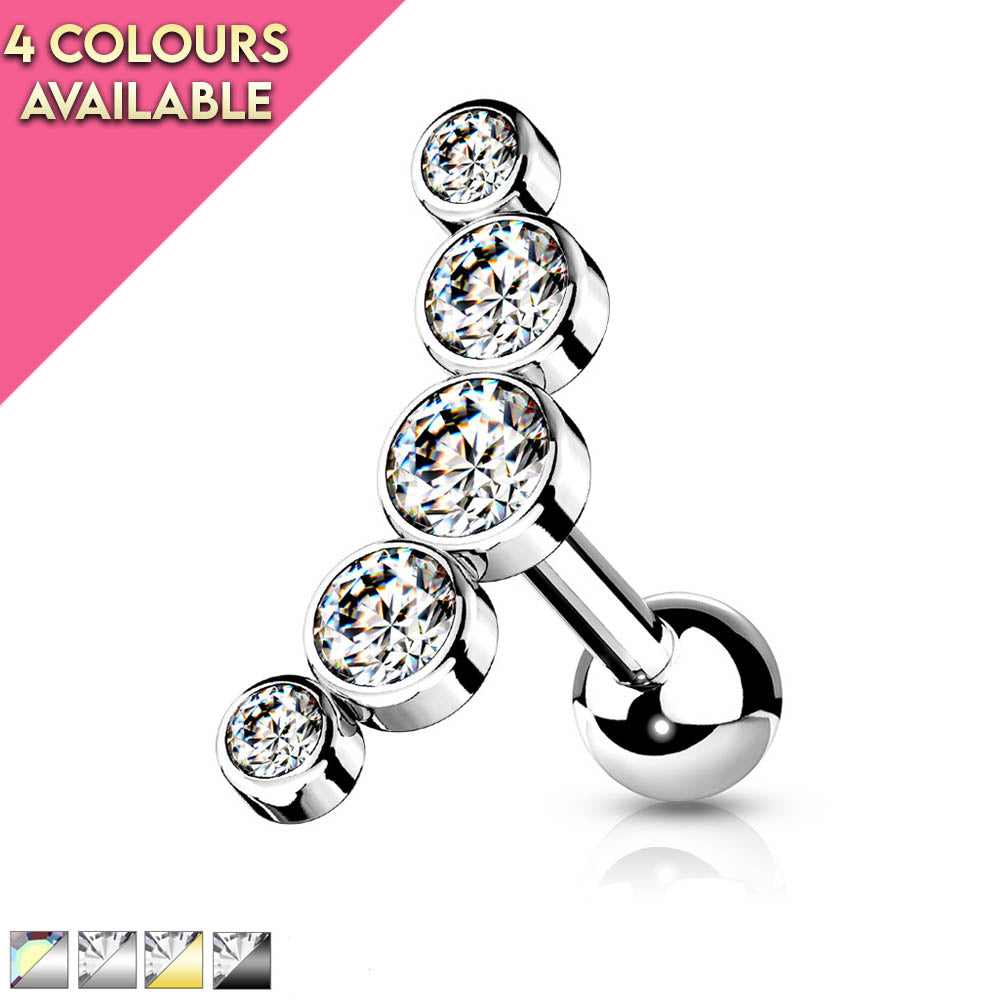 16 Gauge Five Gem Curved Cartilage / Tragus Stud